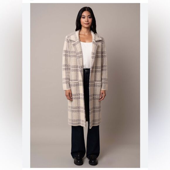 Cyrus Open Plaid Mink Coat in Cream and Gray With Pockets Sz Large NWOT - Picture 1 of 12
